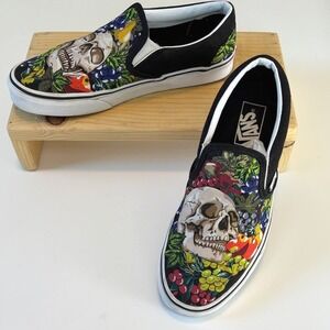 Vans Skull Botanical Slip On Shoes Multicolor Canvas Low Top Men 7.5 Women 9